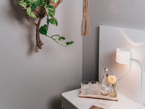 Gemütliches Schlafzimmer mit Nachttisch, Hängelampe und Zimmerpflanze