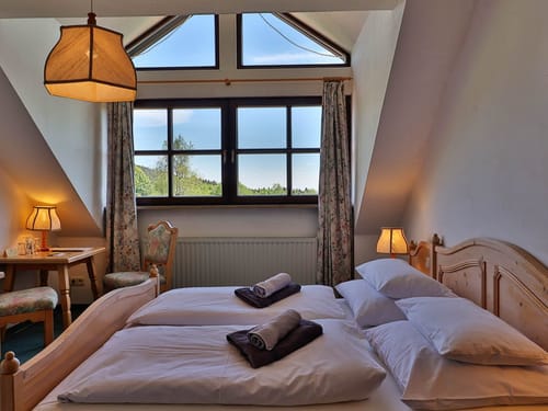 Gemütliches Hotelzimmer mit Doppelbett und Blick auf die Natur