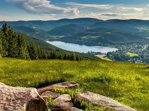 Blick auf den Schluchsee im Schwarzwald, umgeben von Wäldern und Hügeln unter einem blauen Himmel.