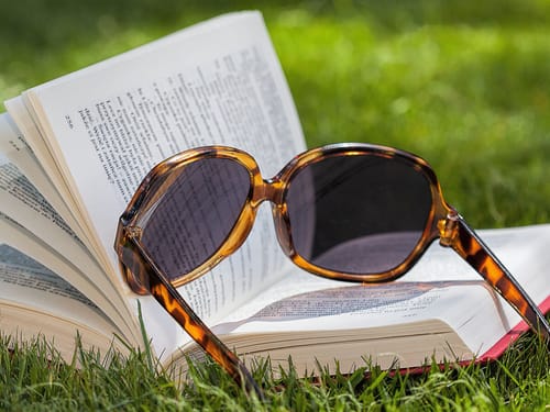 Sonnenbrille auf einem geöffneten Buch im Gras