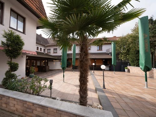 Gemütlicher Innenhof eines Hotels mit Palmen und überdachter Terrasse.
