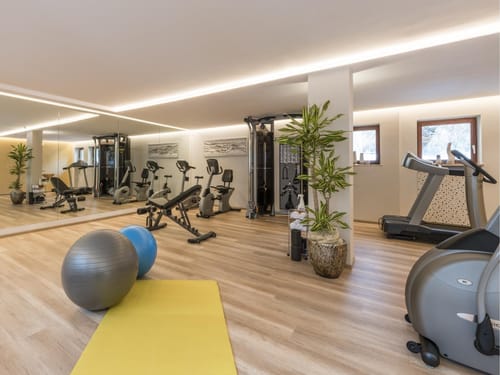 Moderner Fitnessraum mit Trainingsgeräten, Fitnessbällen und Yogamatte