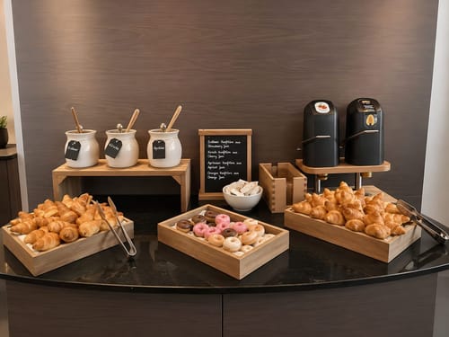 Frühstücksbuffet mit Croissants, Donuts und hausgemachten Konfitüren – Hotelfrühstück