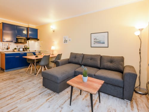 Gemütliches Wohnzimmer mit moderner Küche und grauem Sofa