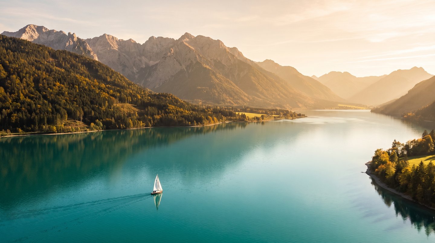 Weite Panoramaaufnahme des türkisfarbenen Achensees in Tirol mit dem Karwendelgebirge im Hintergrund