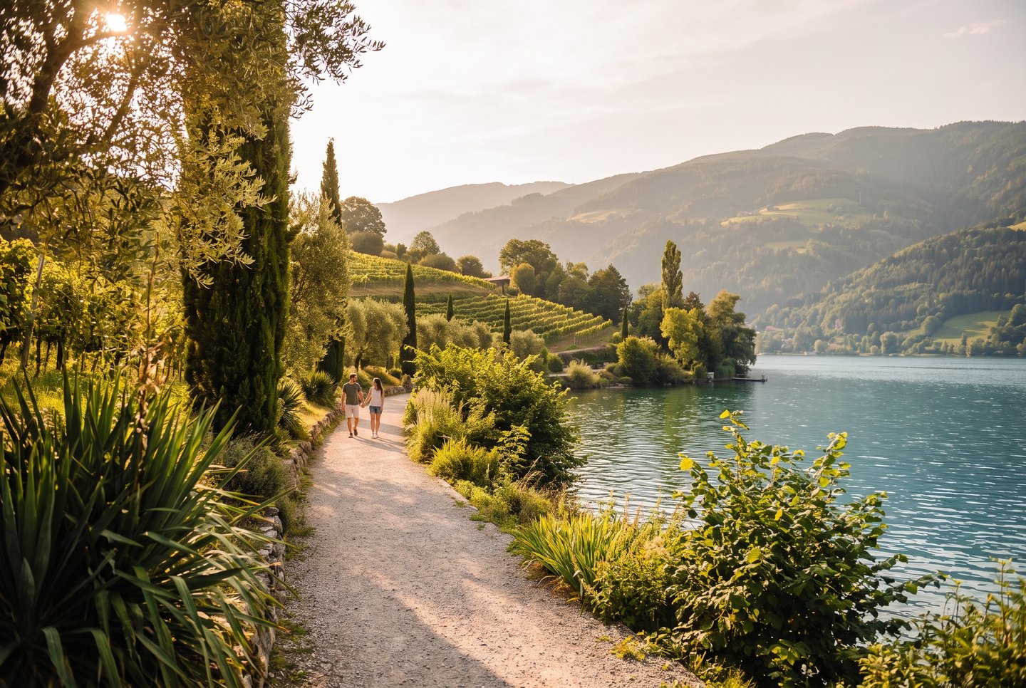 Millstätter See – Weg der Liebe und mildes Klima in Kärnten Uferweg 'Weg der Liebe' am Millstätter See in Kärnten mit Blick auf die Nockberge