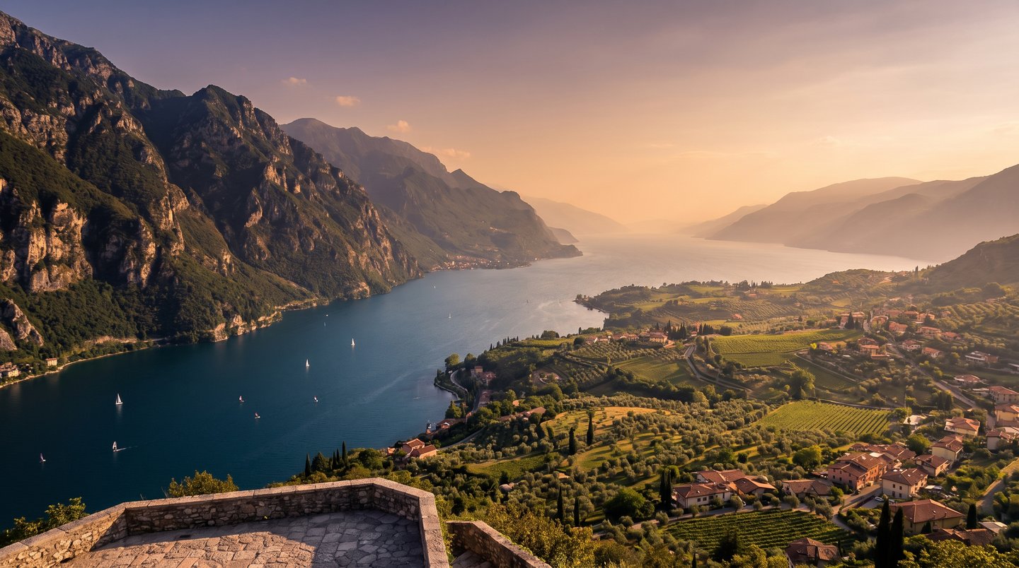 Panoramablick über den Gardasee vom alpinen Norden im Trentino bis zum mediterranen Süden in Lombardei und Venetien