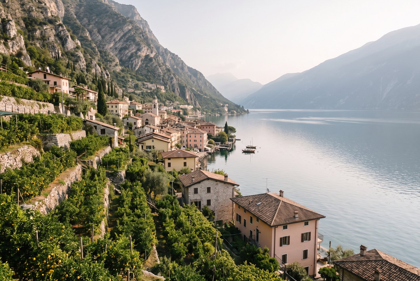 Zitronenterrassen und malerisches Bergdorf Limone sul Garda am Nordufer des Gardasees
