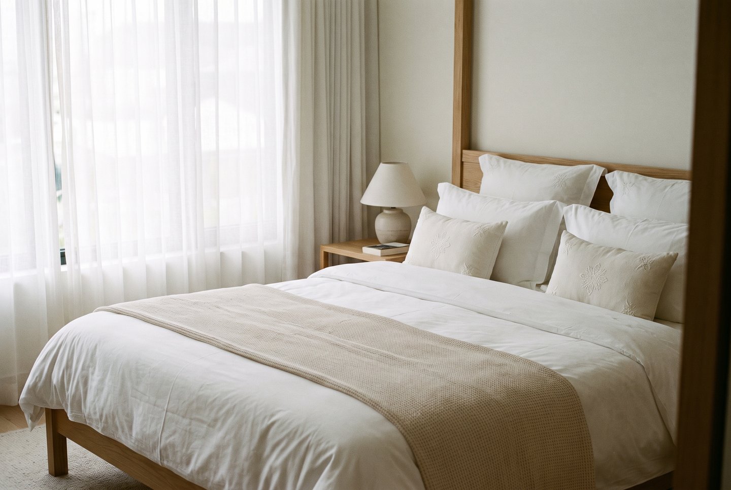 Erholung durch Bettqualität und ruhige Lage Gemütliches Hotelzimmer mit hochwertiger Bettwäsche im sanften Morgenlicht als Symbol für Erholung
