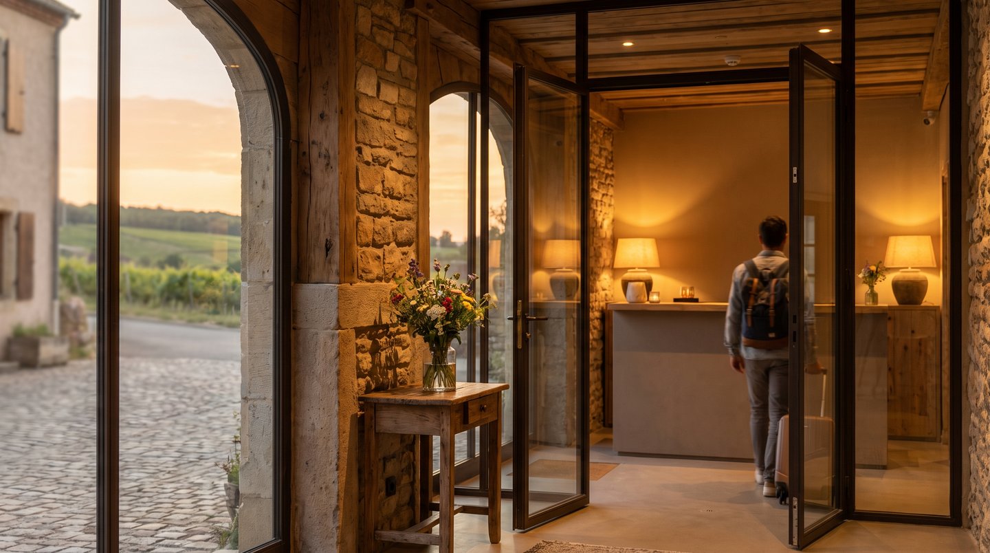 Stimmungsvolle Hotel-Lobby bei goldenem Licht, die Gastfreundschaft und Ankunftsgefühl symbolisiert