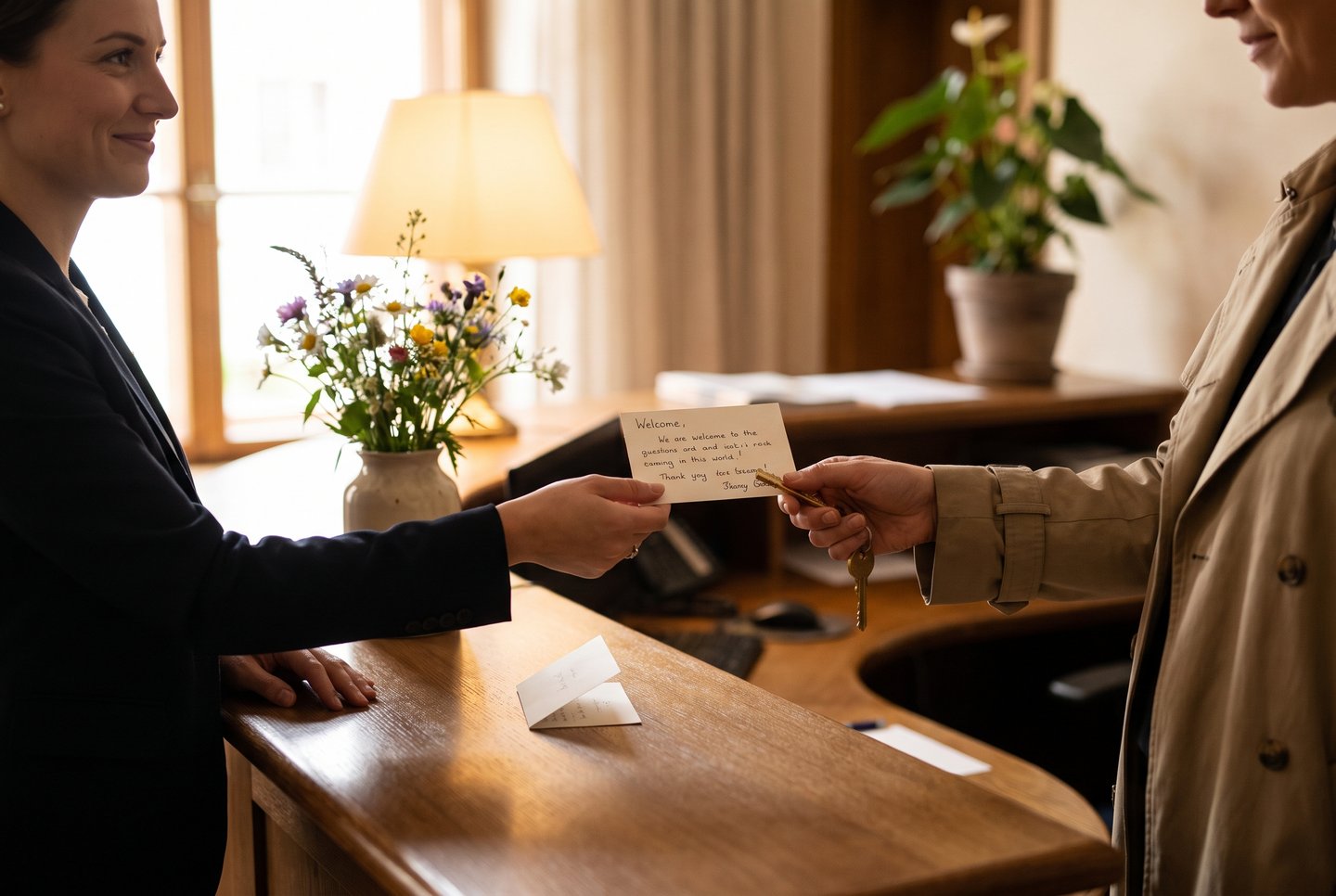 Persönlicher Empfang im Hotel Herzliche Begrüßung an der Hotelrezeption mit persönlicher Note beim Check-in