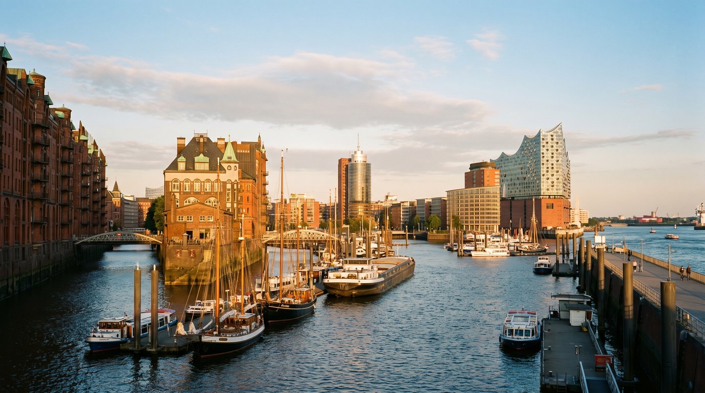 Panoramablick auf Hamburg im Sommer mit Elbe, Speicherstadt und moderner HafenCity-Architektur im goldenen Licht