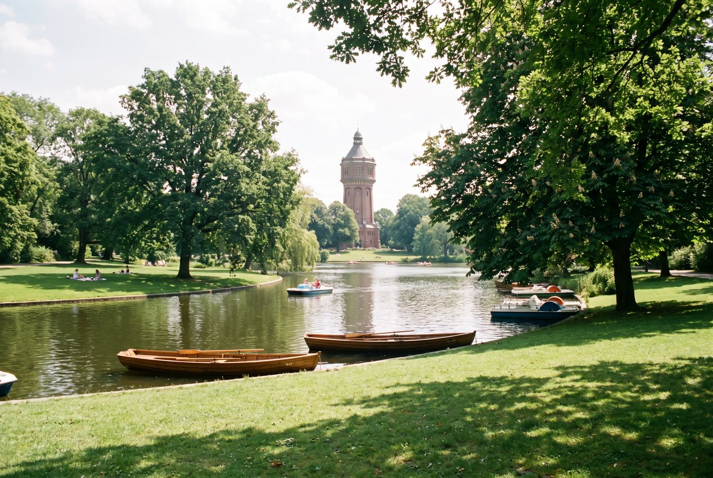 Bootsverleih auf dem Stadtparksee im Hamburger Stadtpark mit Blick auf den historischen Wasserturm