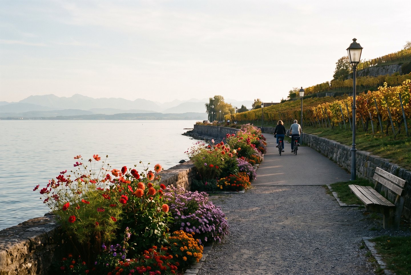 Herbstliche Uferpromenade am Bodensee bei Meersburg mit Alpenpanorama und Radweg