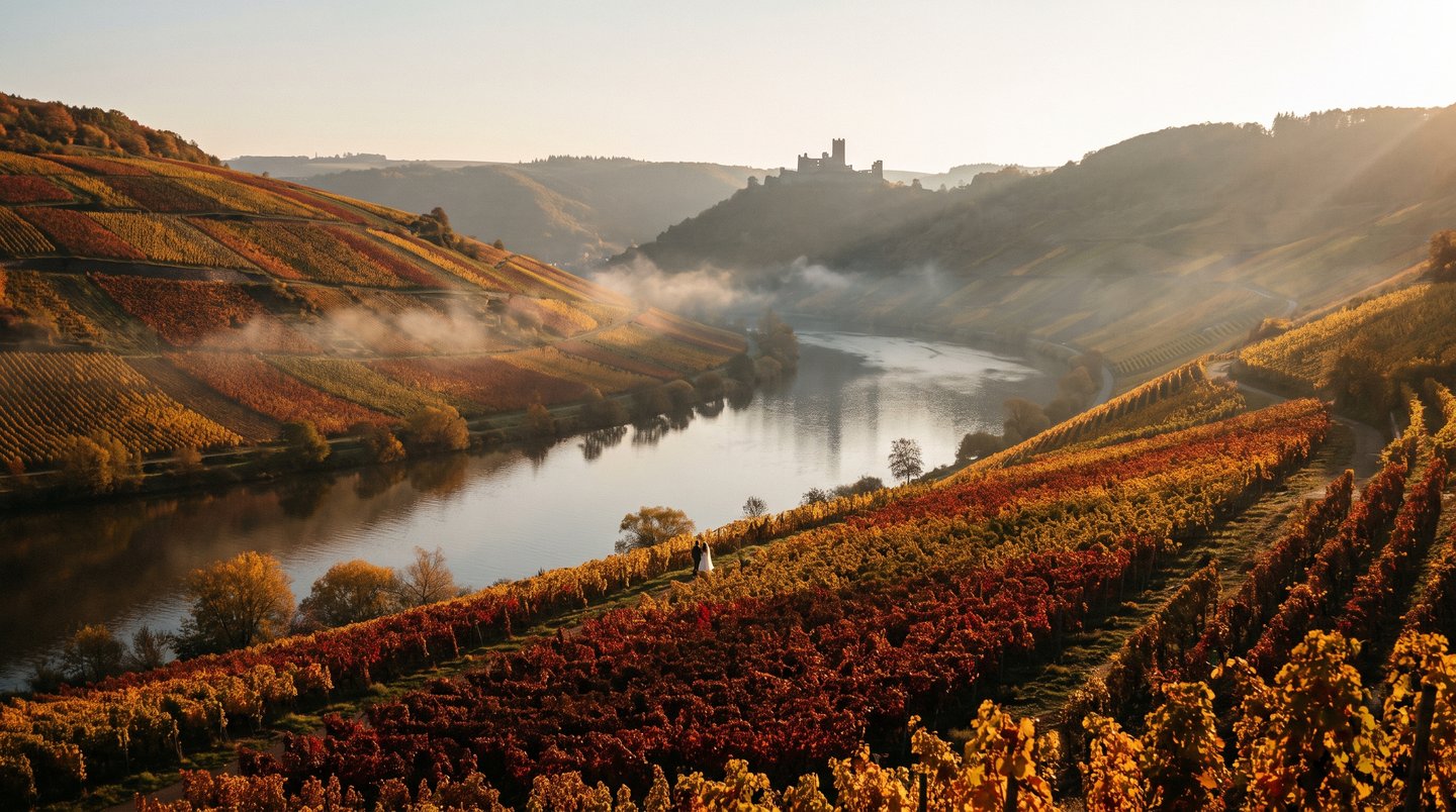 Goldene Weinberge entlang der Mosel bei Bernkastel-Kues in Rheinland-Pfalz im Herbstlicht mit Blick auf den Fluss und eine Burgsilhouette