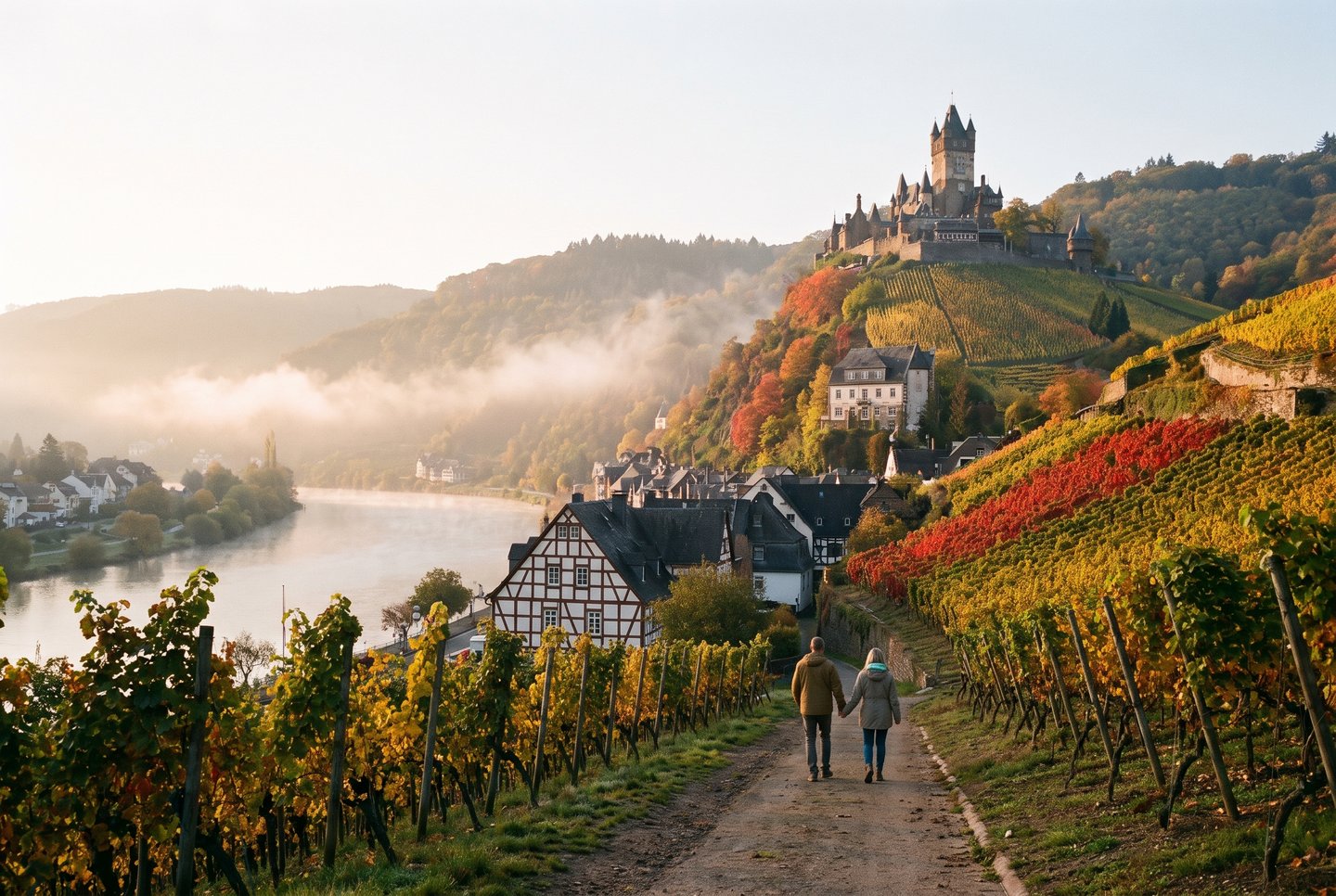 Blick auf die Reichsburg Cochem über den herbstlichen Weinbergen an der Mosel