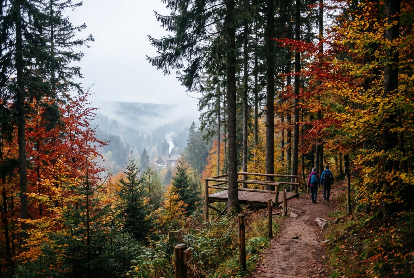 Herbstliche Waldwanderung im Schwarzwald bei Triberg mit bunten Laubbäumen und Nebel im Tal
