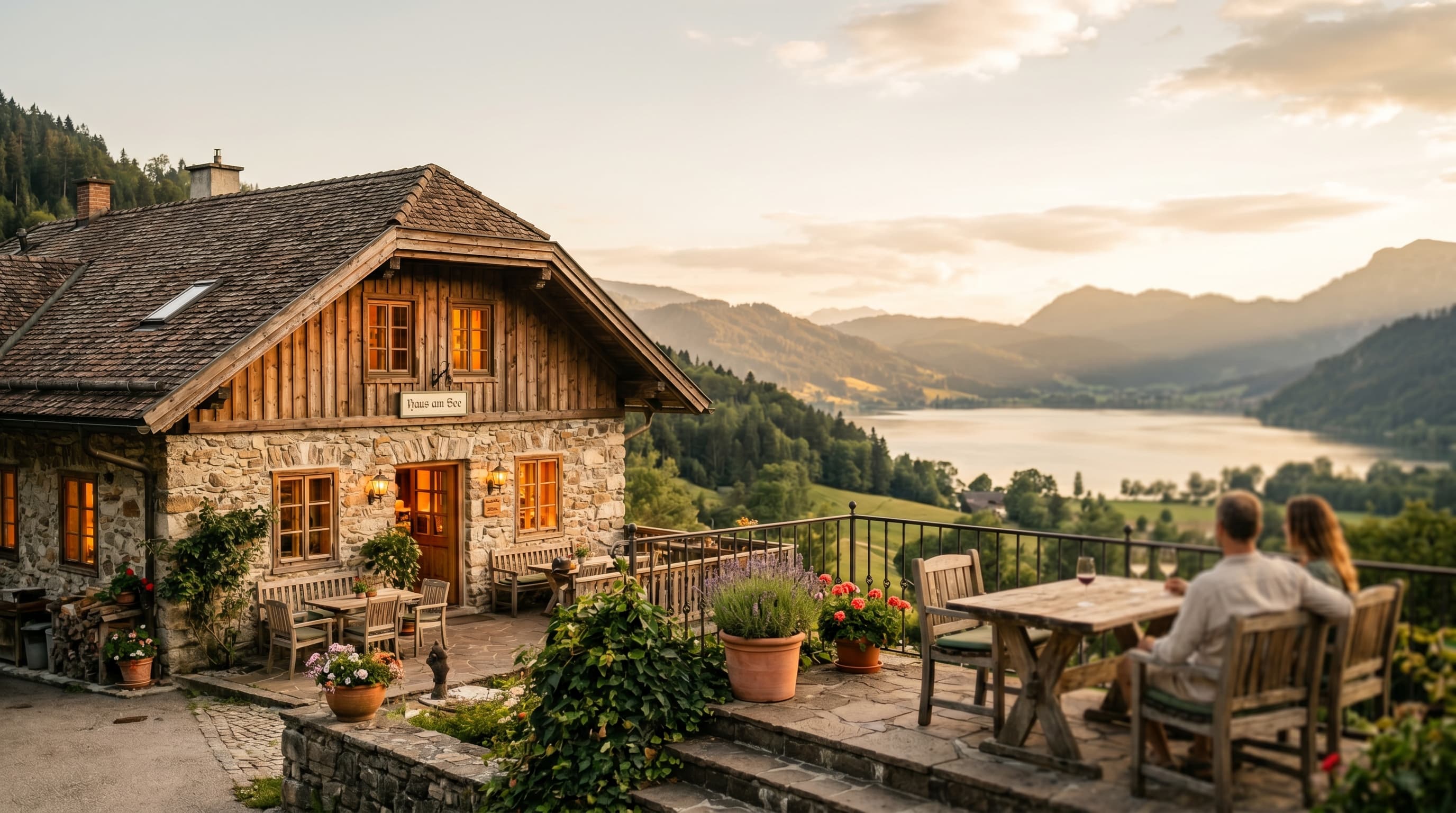 Einladendes Boutique-Hotel mit Terrasse im Abendlicht als Sinnbild für eine Kurzreise mit Hotelgutschein