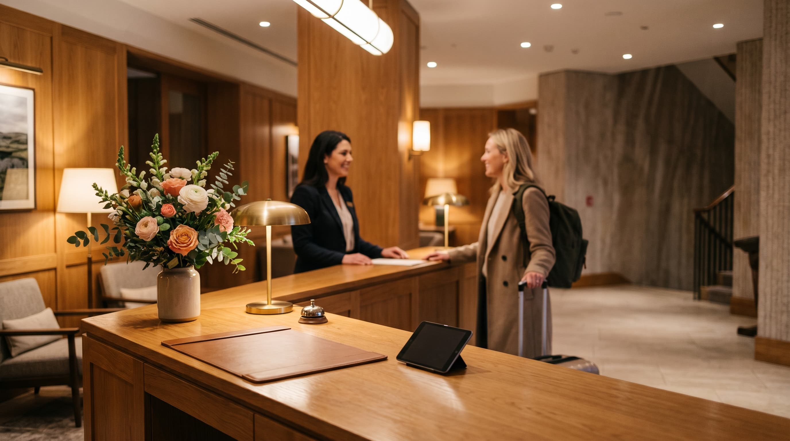 Freundlicher Empfang in einem geprüften Hotel als Sinnbild für einen seriösen Hotelgutschein-Anbieter