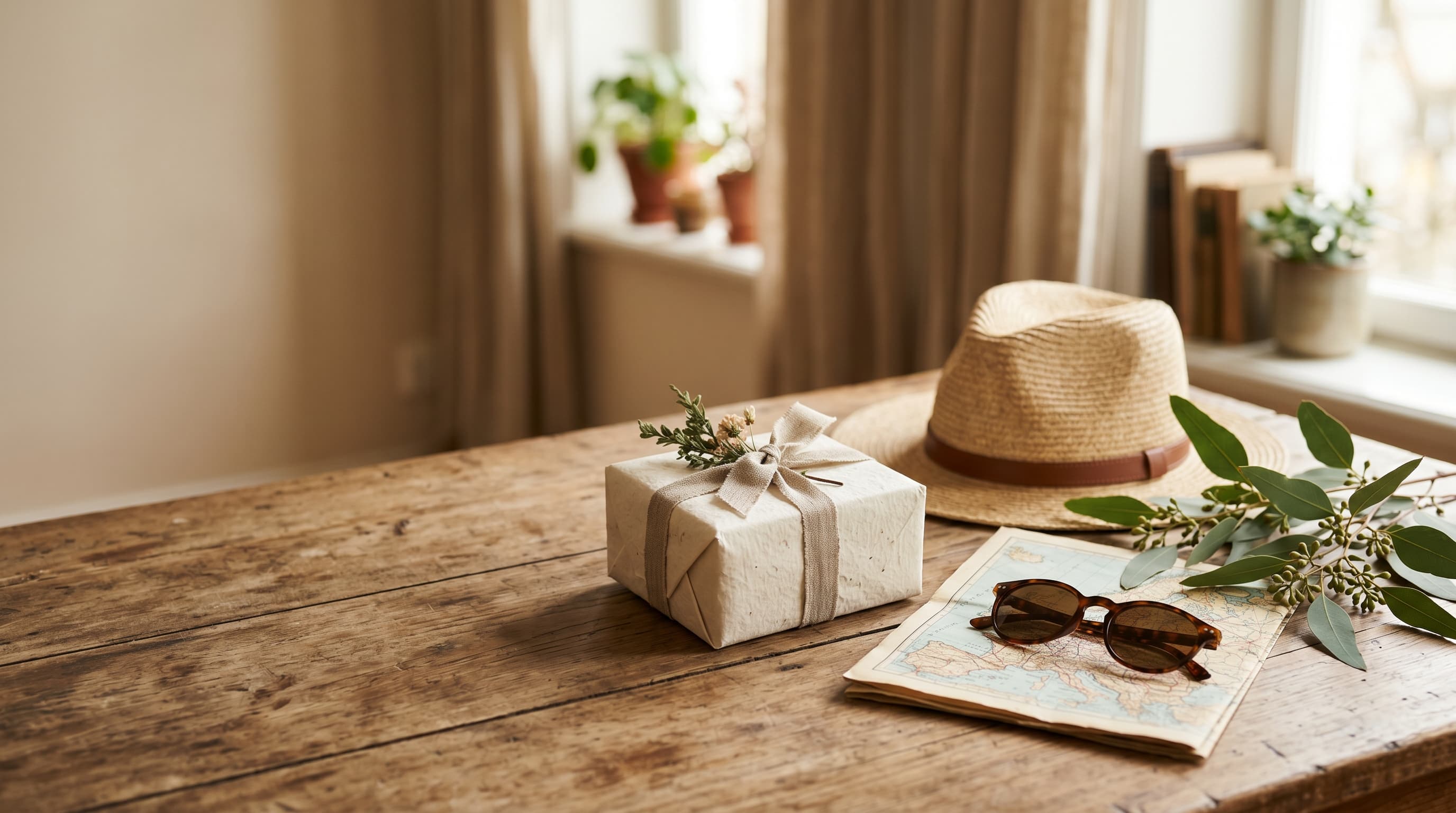 Liebevoll verpacktes Geschenk mit Reise-Motiv als Sinnbild für einen verschenkten Hotelgutschein