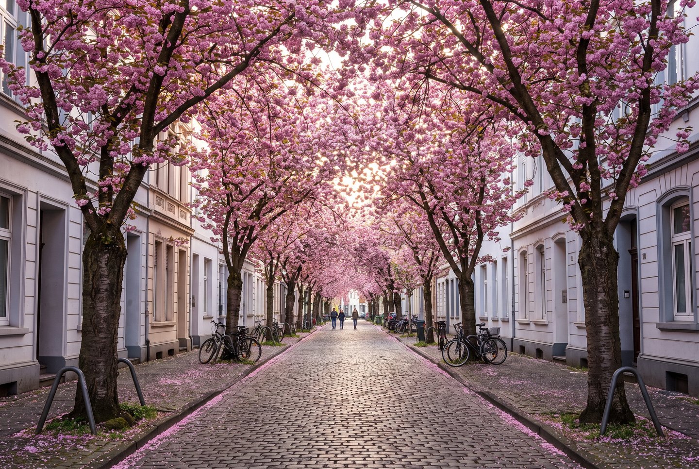 Kirschblüte Bonn Heerstraße Rosa Kirschblütendach über der Heerstraße im Bonner Stadtteil, meistfotografierter Ort der Kirschblüte in Deutschland