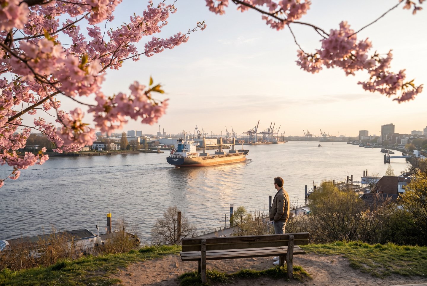 Kirschblüte Hamburg Altonaer Balkon Kirschblüten am Altonaer Balkon in Hamburg mit Blick auf die Elbe und ein vorbeifahrendes Frachtschiff