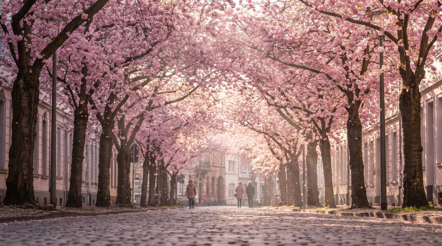 Kirschblütenallee mit rosa Blütendach im Frühlingslicht, symbolisch für die Kirschblüte in Deutschland