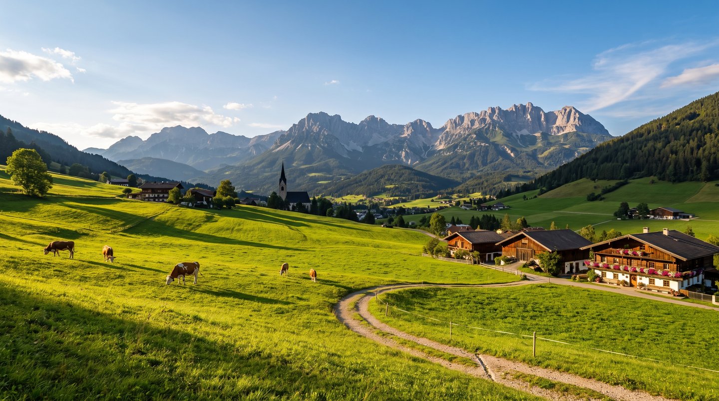 Weite Sommerlandschaft eines Tiroler Bergdorfs mit grünen Almwiesen und Bergkulisse im goldenen Nachmittagslicht