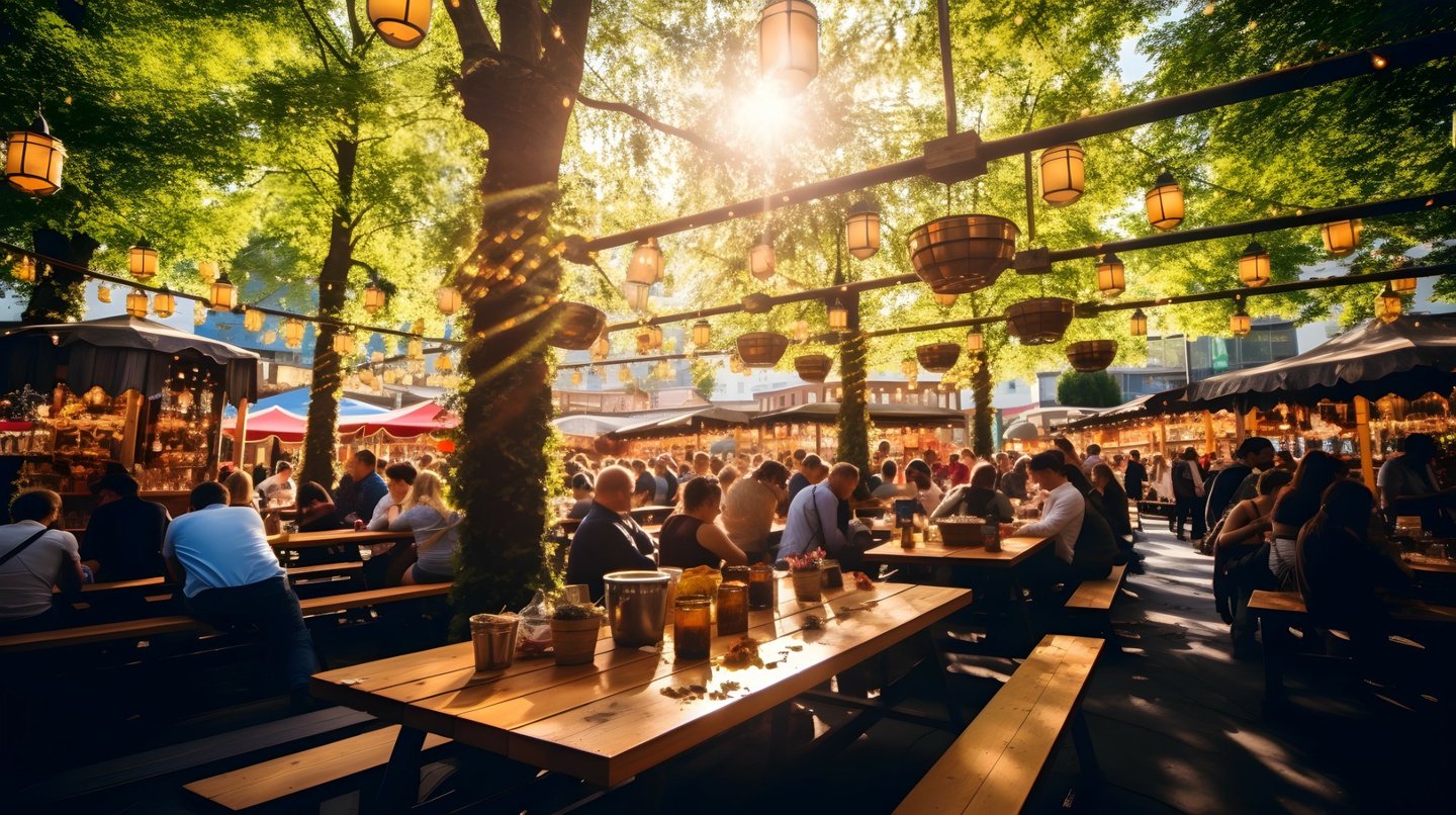 Münchner Biergartenkultur Münchner Biergarten mit Kastanienbäumen und gemütlicher Atmosphäre unter Lichterketten