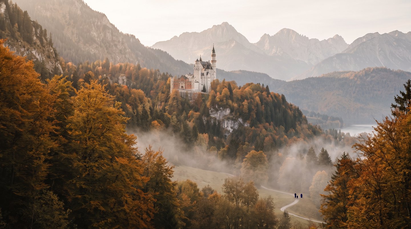Schloss Neuschwanstein bei Füssen im Allgäu, Bayern, in stimmungsvollem Herbstlicht ohne Besucherandrang