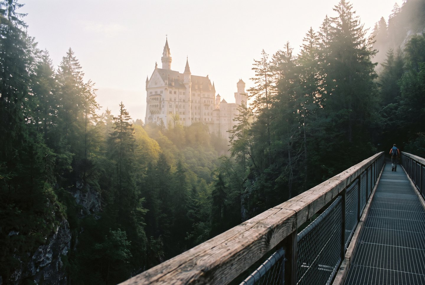 Marienbrücke bei Neuschwanstein Ruhiger Blick von der Marienbrücke auf Schloss Neuschwanstein am frühen Morgen