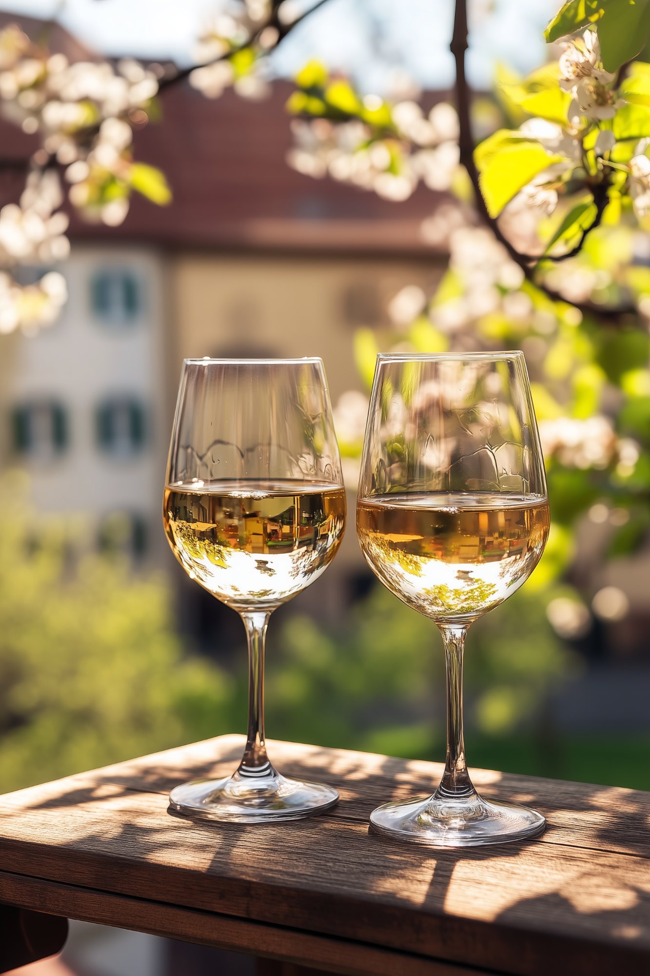 Weißwein Genuss Pfalz Zwei Gläser Weißwein auf einem Holztisch im Weingarten bei Sonnenschein