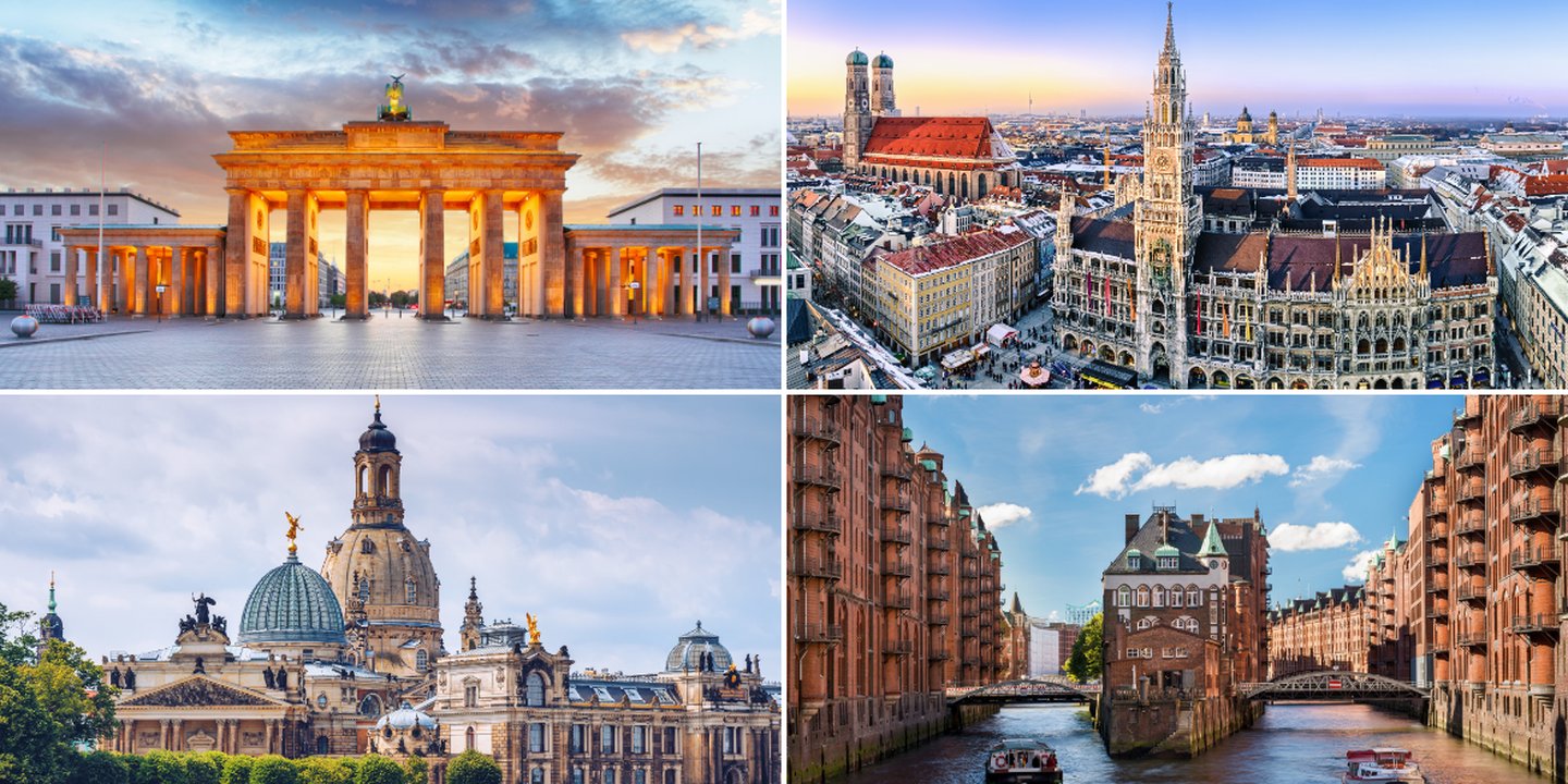 Collage mit Bildern von Berlin, München, Dresden und Hamburg – vier sehenswerte Städte für einen Städtetrip in Deutschland