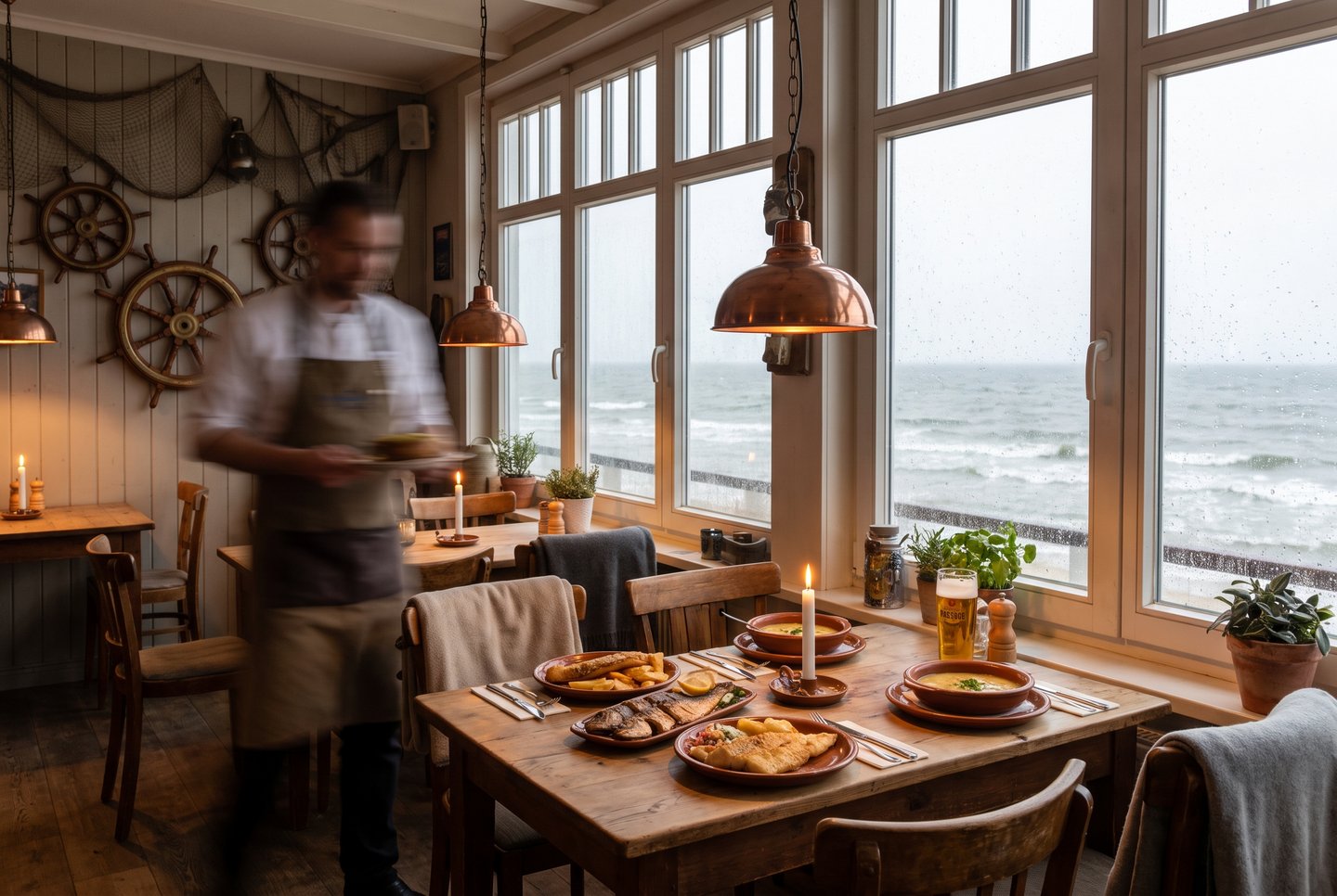 Fischrestaurant in Heringsdorf Gemütliches Fischrestaurant mit Meerblick an der Strandpromenade von Heringsdorf auf Usedom bei Regen
