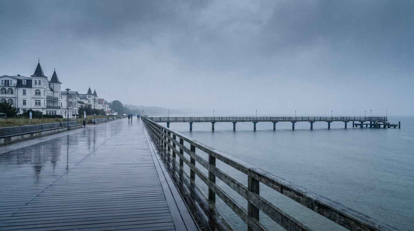 Regnerischer Blick auf die Seebrücke und Strandpromenade von Heringsdorf auf Usedom mit grauer Ostsee