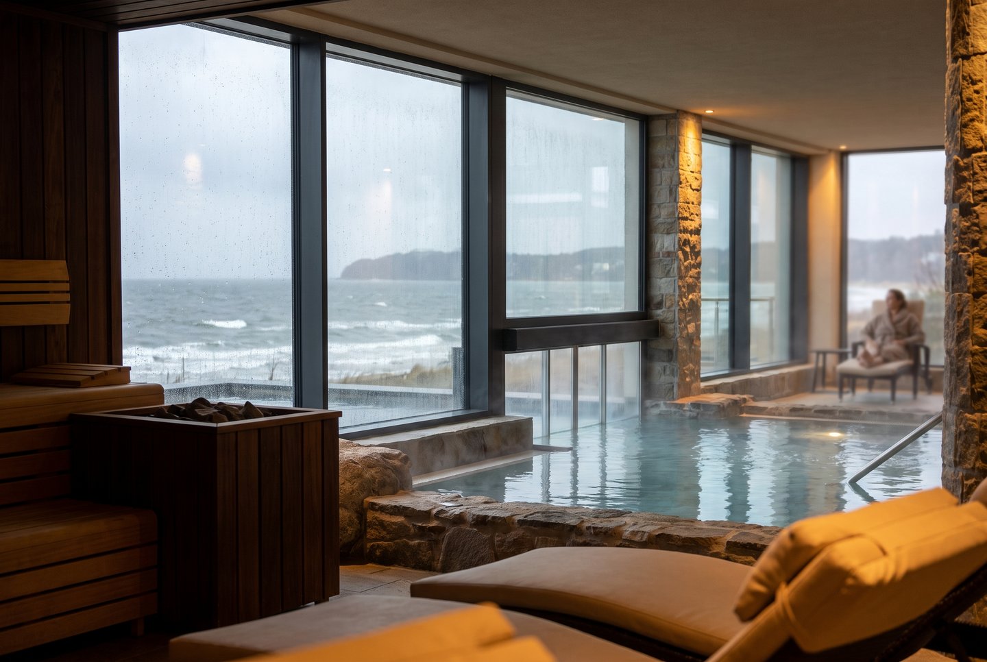 Wellness in den Kaiserbädern bei Regen Wellnessbereich mit Blick auf die graue Ostsee in einem Spa der Kaiserbäder auf Usedom bei Regen