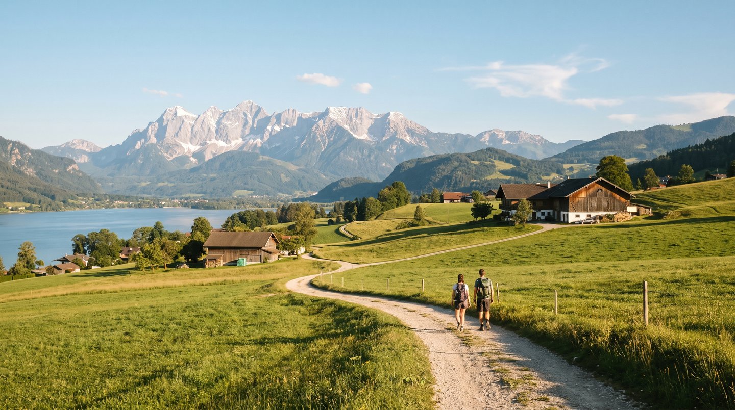 Weite Panoramaaufnahme des Salzkammerguts mit dem Wolfgangsee und dem Dachstein im Hintergrund, sanfter Wanderweg für Einsteiger im Vordergrund