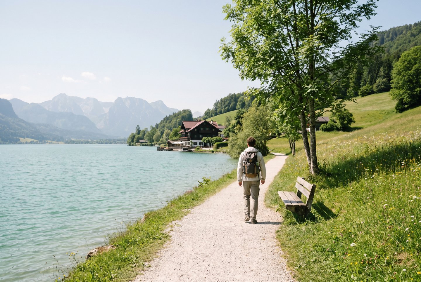 Flacher Uferweg am Wolfgangsee im Salzkammergut, ideal für Wandereinsteiger
