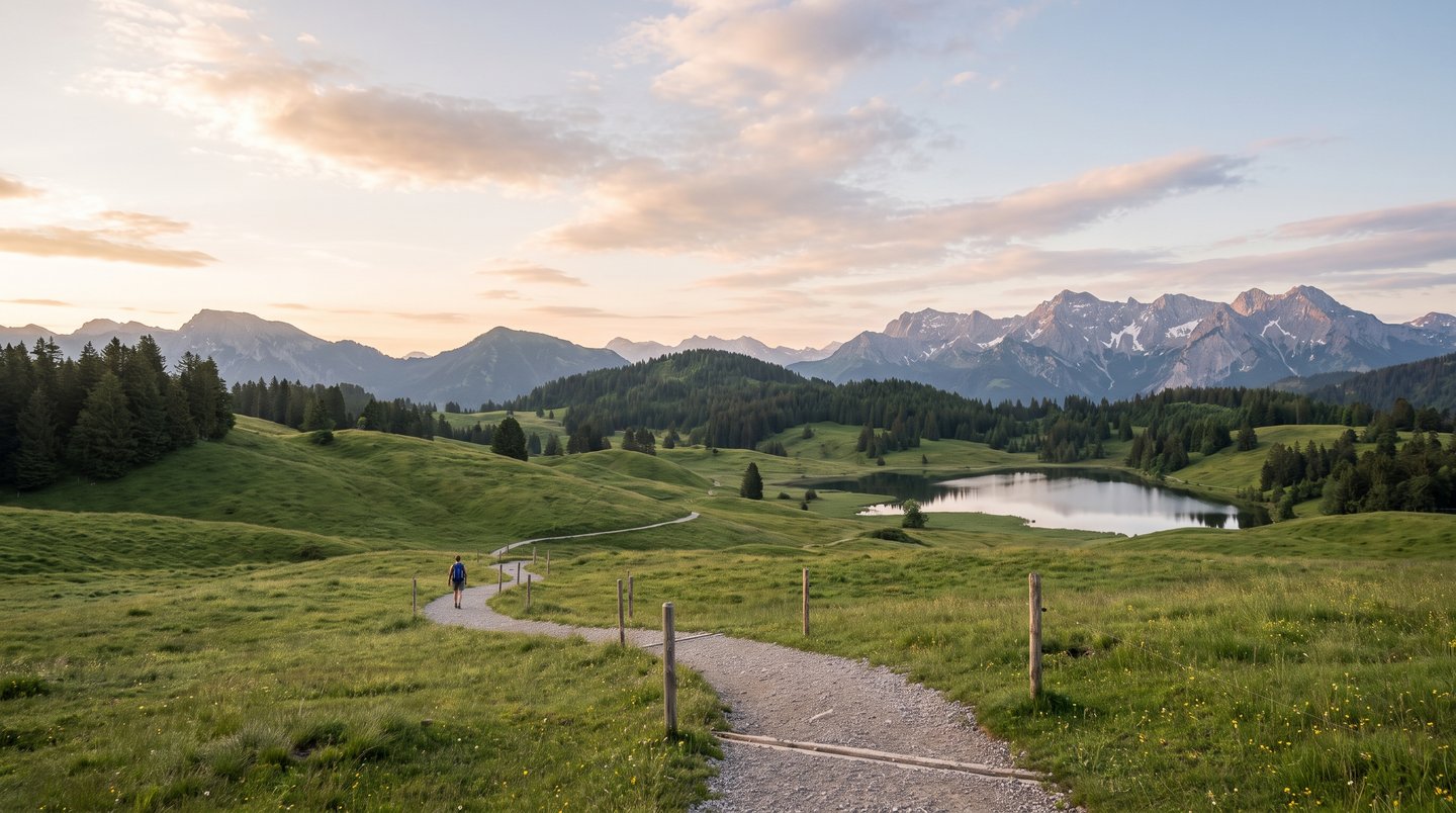 Weite Panoramalandschaft im Allgäu mit sanften grünen Hügeln, Alpenausläufern und markiertem Wanderweg