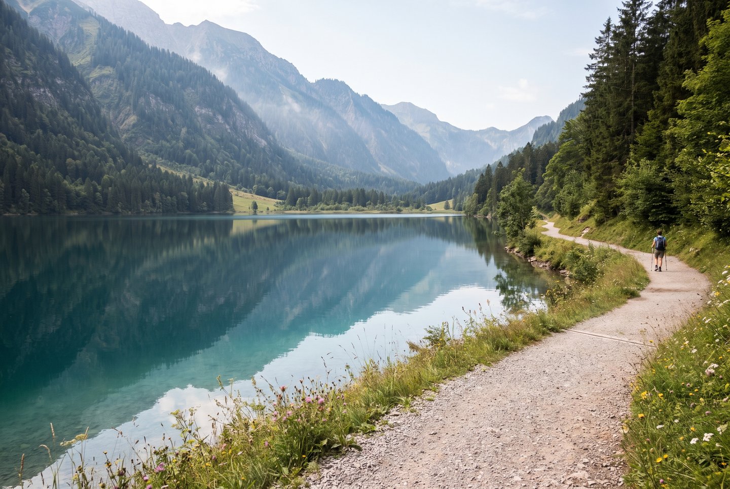 Rundweg am Alpsee bei Immenstadt Der klare Alpsee bei Immenstadt im Allgäu mit Blick vom flachen Rundweg auf die Berge