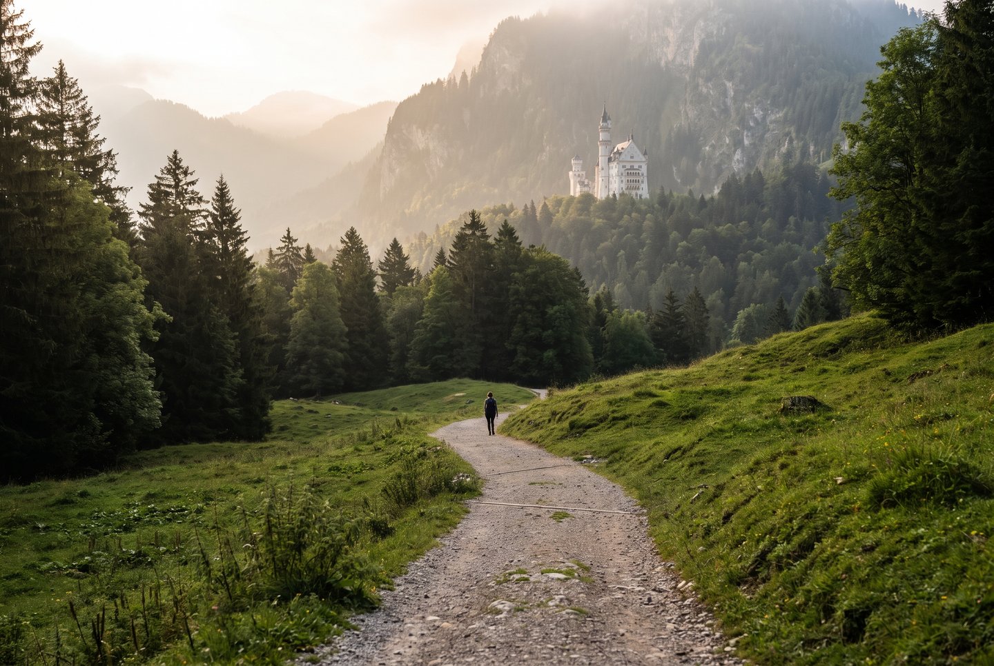 Tegelberg-Aufstieg bei Schwangau Wanderweg am unteren Tegelberg-Abschnitt bei Schwangau mit Fernblick auf Schloss Neuschwanstein