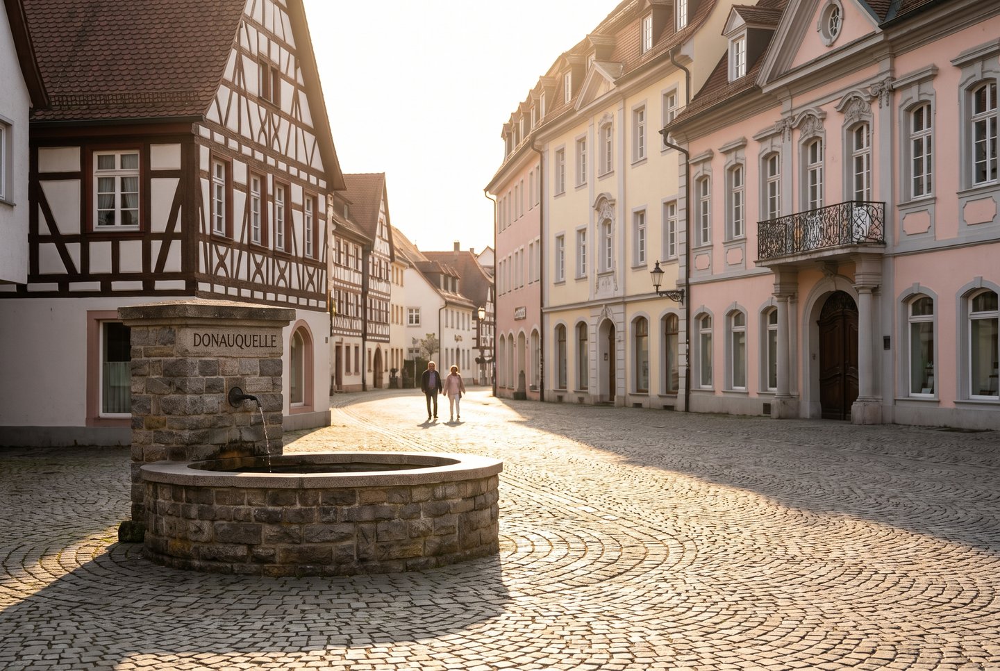 Donaueschingen – historische Altstadt und Donauquelle Historische Altstadt von Donaueschingen im Schwarzwald mit Donauquelle im Nachmittagslicht