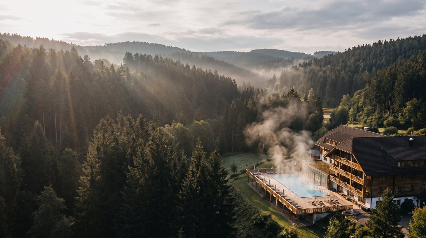 Weite Panoramaaufnahme des Schwarzwalds mit Wellnesshotel und dampfendem Thermalbecken am Waldrand im Morgenlicht