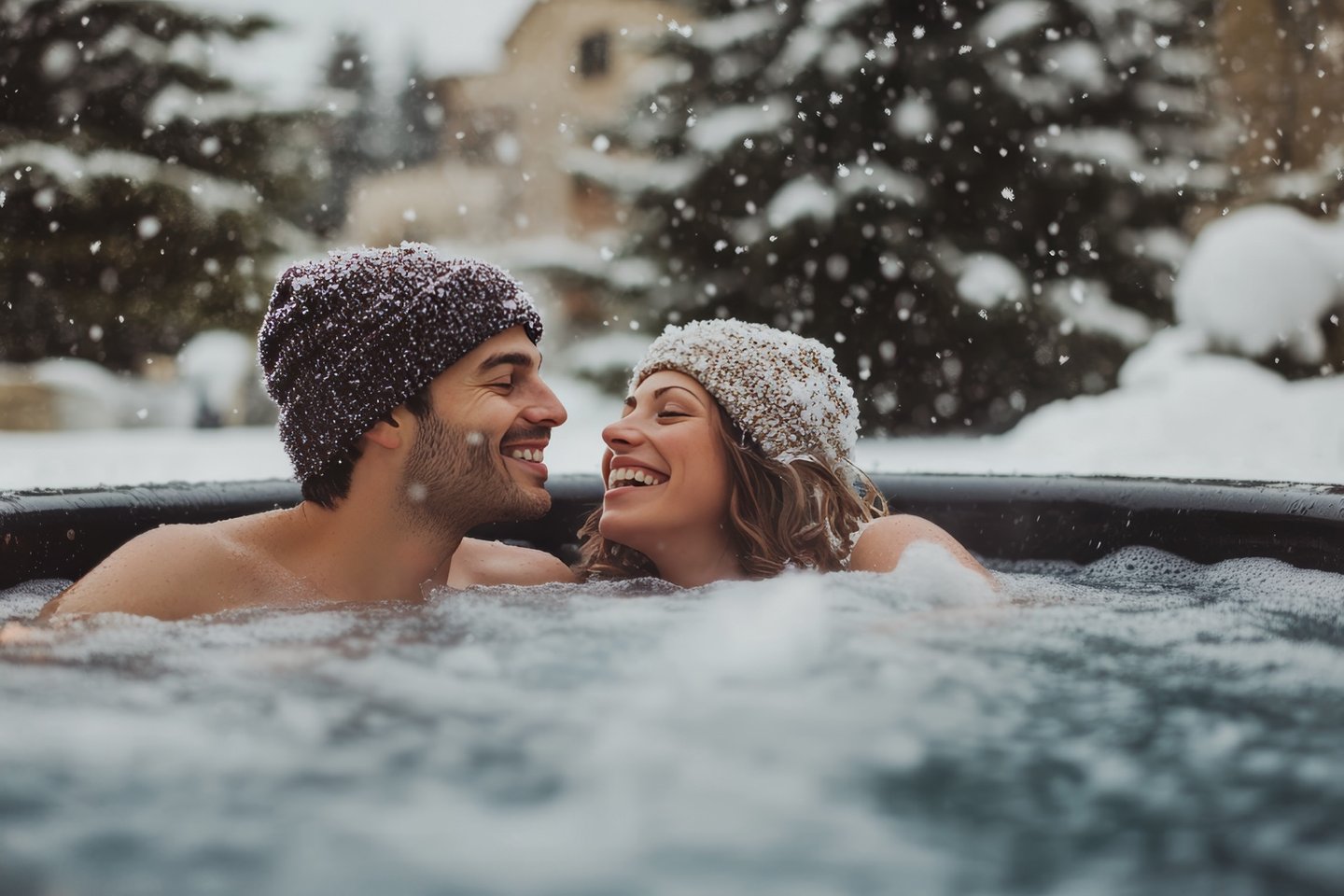 Paar im Whirlpool in winterlicher Landschaft
