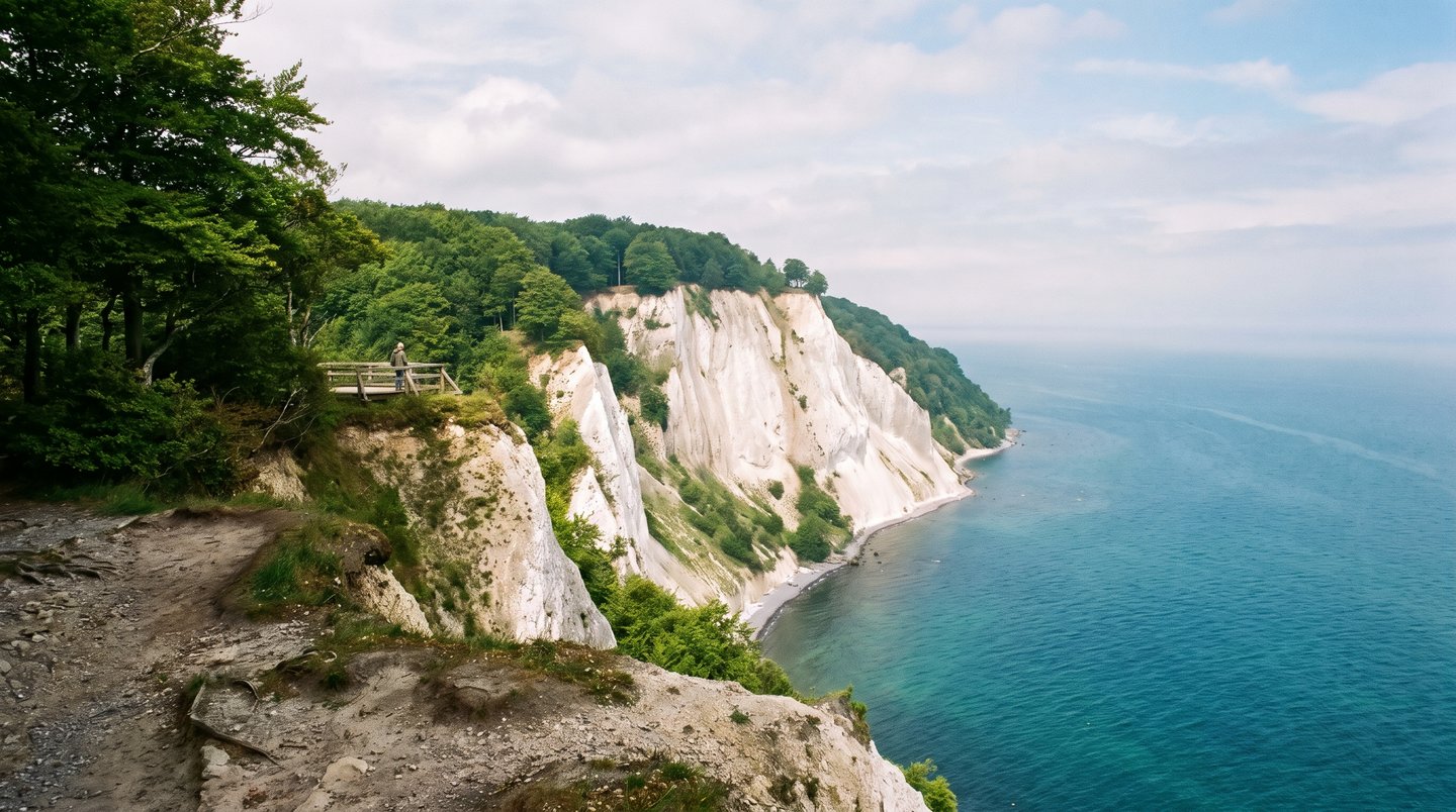 Panoramablick auf die weißen Kreidefelsen im Nationalpark Jasmund auf Rügen mit türkisblauer Ostsee und Buchenwald