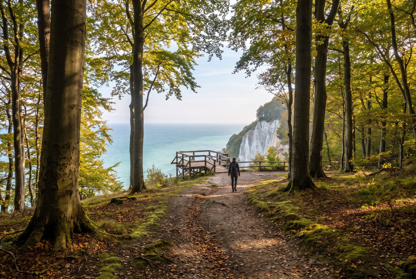 Nationalpark Jasmund und Königsstuhl Wanderweg durch Buchenwald im Nationalpark Jasmund mit Blick auf Königsstuhl und Ostsee