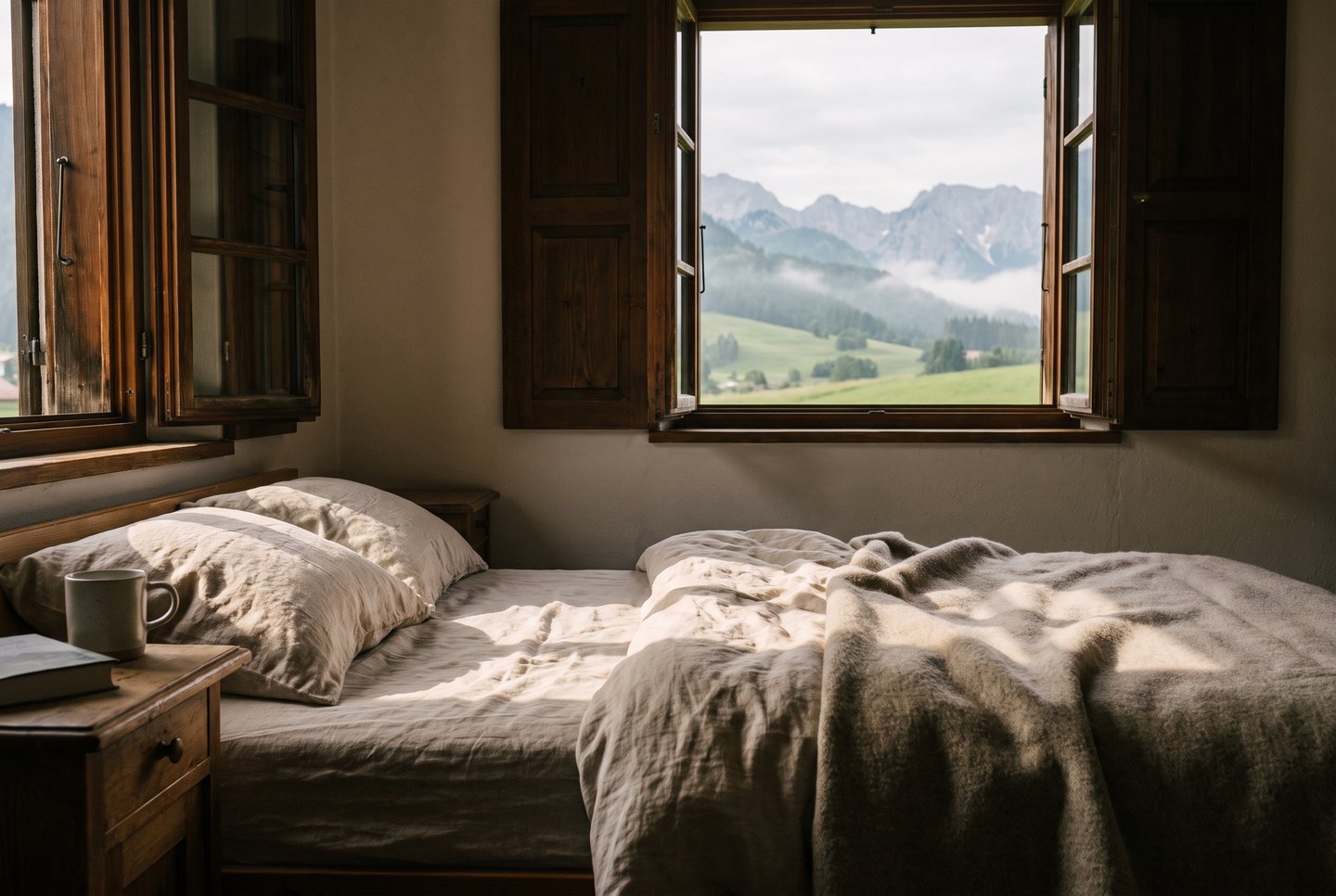 Erholung und Regeneration finden Ruhiges Gästezimmer mit Alpenblick bei Garmisch-Partenkirchen als Symbol für echte Erholung