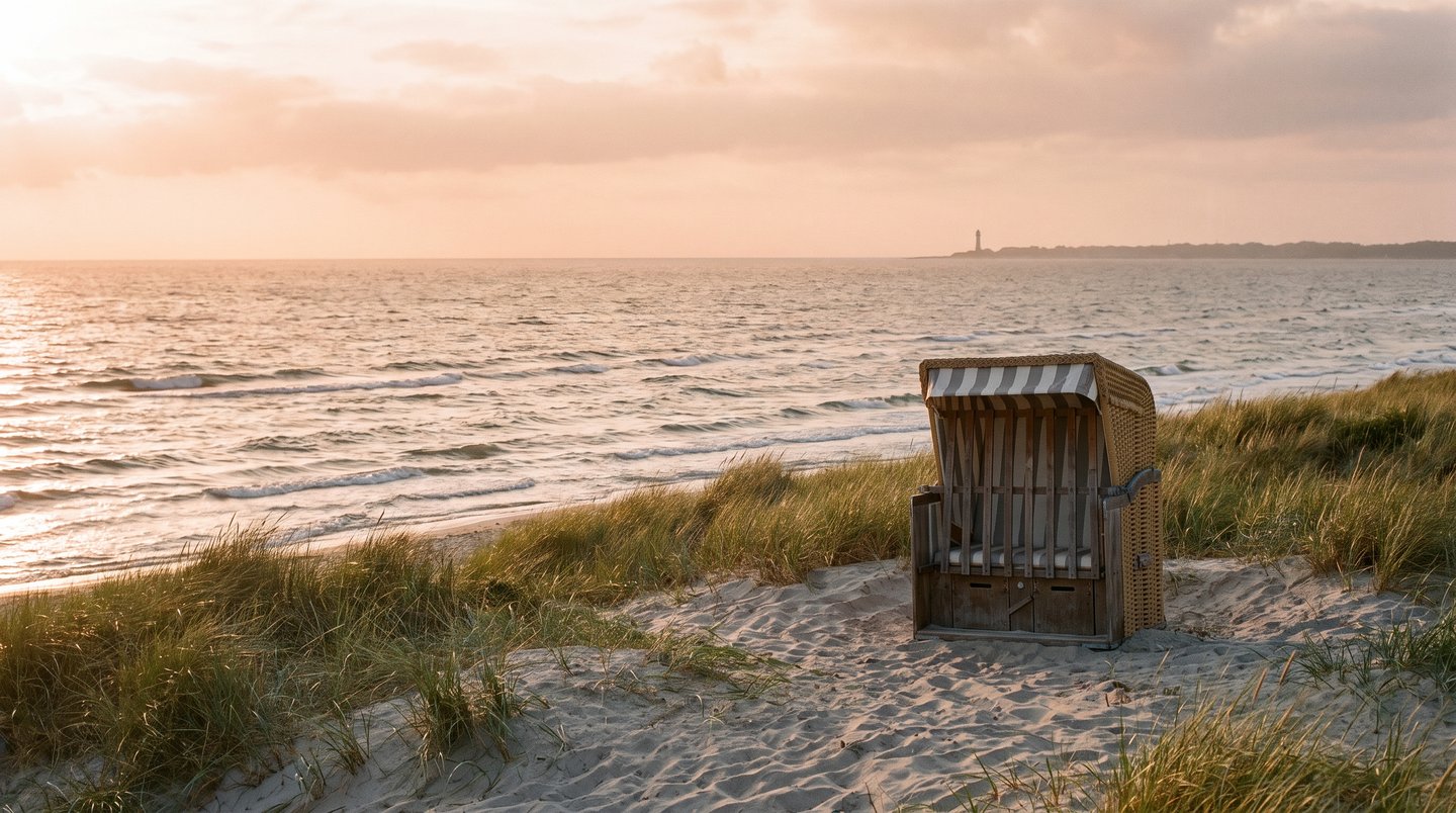 Weiter Blick auf den Strand von Timmendorfer Strand an der Ostsee bei Sonnenuntergang als Symbol für dringend benötigte Erholung